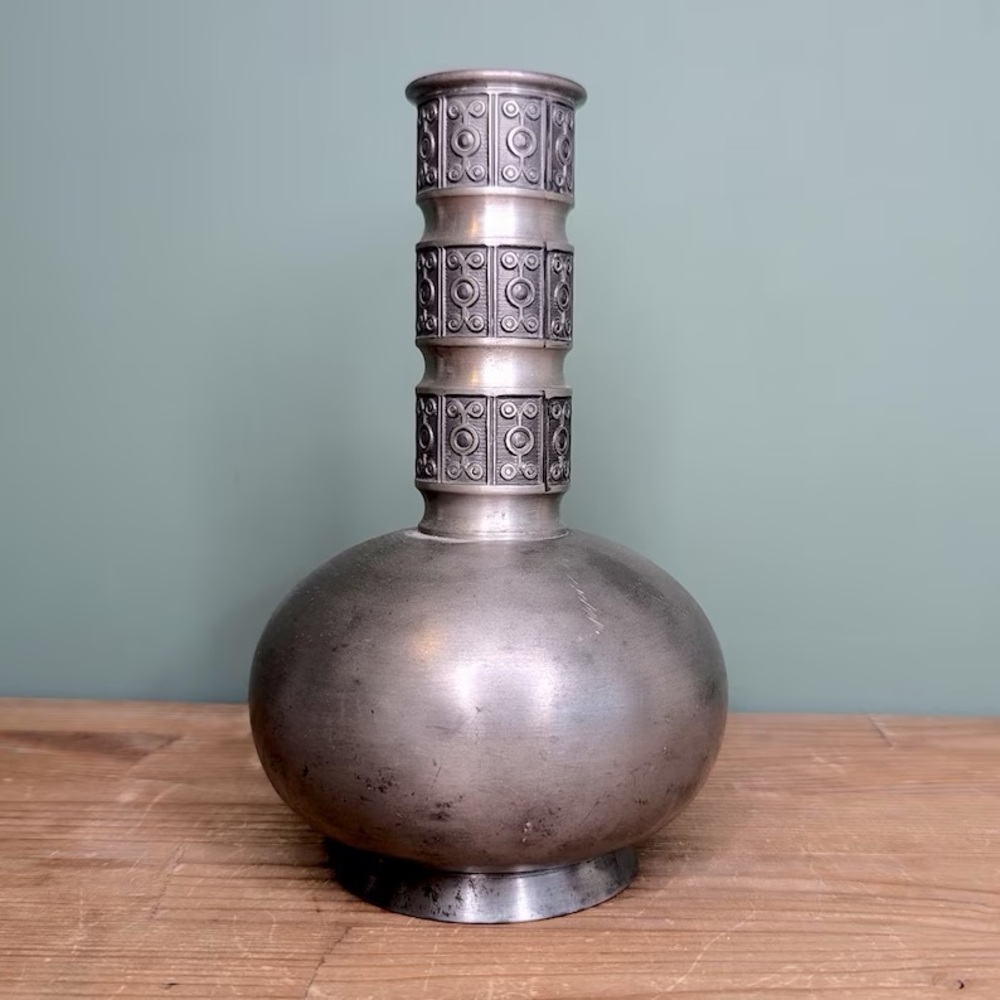 Vintage Haugrud Norway Pewter Vase, Scandinavian Celtic Band Pattern